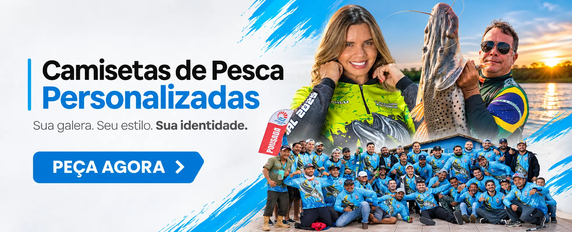 Camisetas de pesca personalizadas: sua galera, seu estilo, sua identidade. Pescadora e pescador segurando um grande peixe à beira do rio e uma turma de pescadores com camisetas azuis personalizadas.