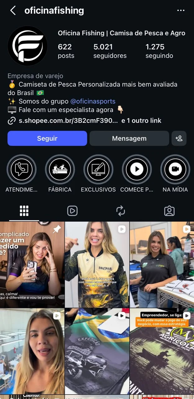 Print do perfil @oficinafishing no Instagram: 622 posts e 5.021 seguidores