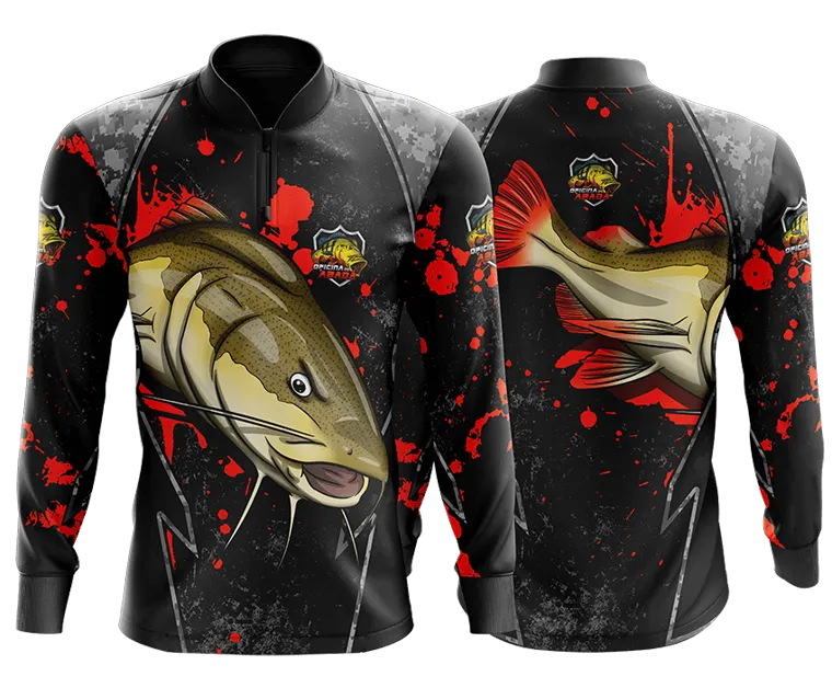 Modelo de camisa de pesca preta com respingos vermelhos e peixe de couro ilustrado, frente e costas