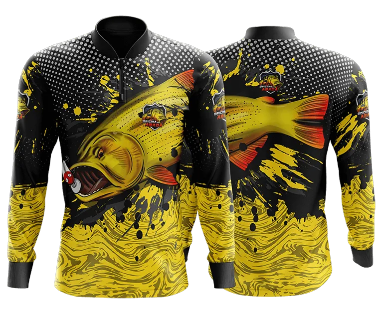 Modelo de camisa de pesca preta e amarela com dourado ilustrado, frente e costas