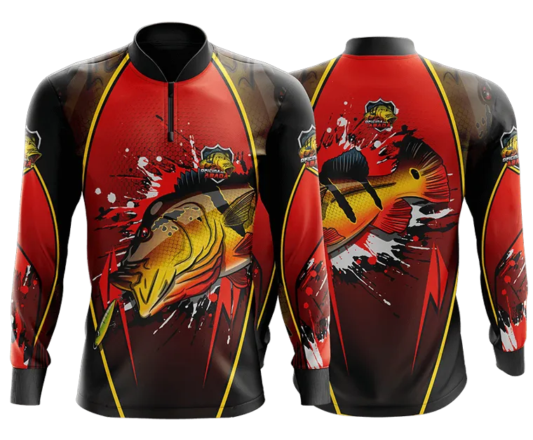 Modelo de camisa de pesca vermelha e preta com tucunaré ilustrado, frente e costas