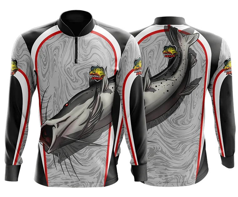 Modelo de camisa de pesca cinza com peixe de couro ilustrado, frente e costas